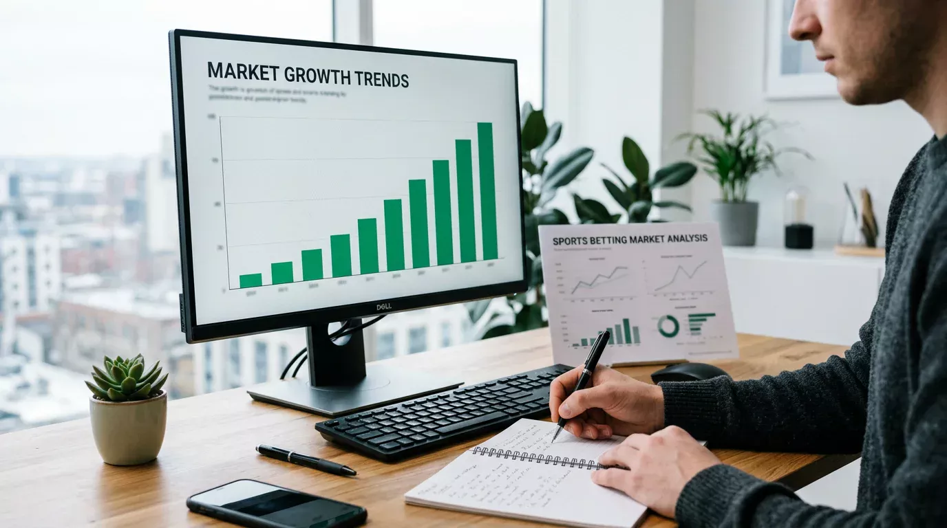 Analista revisando tendencias del mercado de apuestas en college football con gráficos de crecimiento